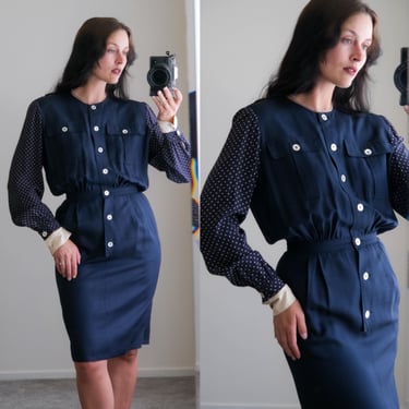 Vintage 80s Valentino Navy Blue Textured Silk Day Dress w/ Polkadot French Cuff Sleeves & Mother Of Pearl Buttons | Made in Italy | 1980s 