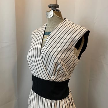 Linen Wrap Sun Dress Black and White Stripes 1970s Vintage S M 