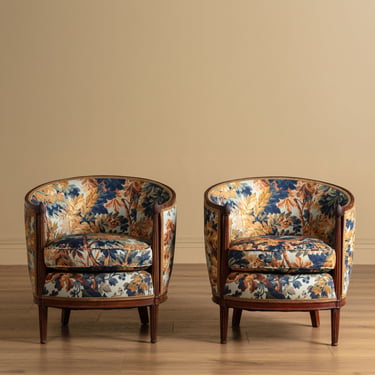 Art Deco Tub Chairs in Pierre Frey Fontainebleau Linen, France, 1940's (2 available)