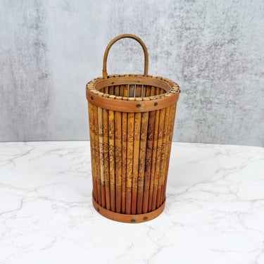 Vintage Polynesian Burnt Bamboo Wall Basket – Cylindrical Folk Art Decor 