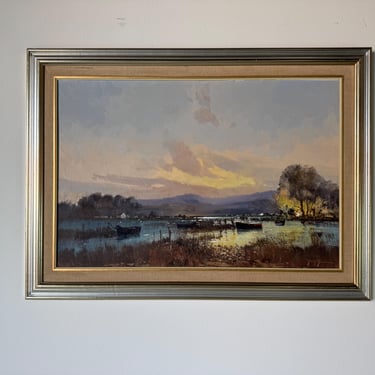1980s Vintage  Impressionist Sunset Lake Landscape Oil on Board Painting – Signed 