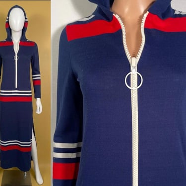 Vintage 60s/70s Mod Color Block Sweatshirt Material Dress With O Ring Zipper And Hood Size XS/S 