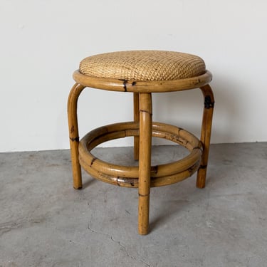 Vintage Coastal Bamboo & Woven Wicker Round Ottoman 