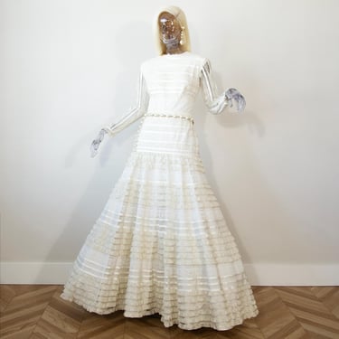 Vintage 1980s Cilan'D Lace Princess Wedding Dress Cathedral Ball Gown UK 10/US 6 