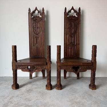 Antique Spanish Gothic Revival Carved Wood Throne Chairs – A Pair 