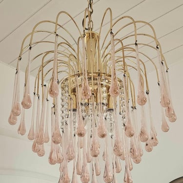 Vintage Pink Glass Teardrop Chandalier,Mid-Century Waterfall Brass Pendant Light,Hollywood Regency 6-Light Ceiling Fixture,1980s Decor 