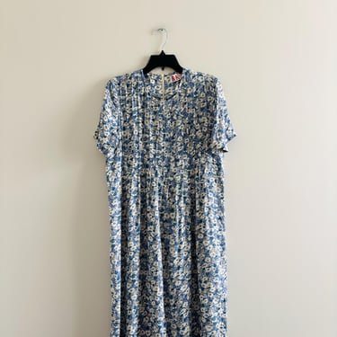 VTG R&K Dress Blue Floral Pintuck Midi Shift 10 Grandma Peasant Babydoll Cottage 