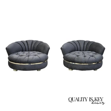 Mid Century Modern Milo Baughman Style Round Black Club Lounge Chair - a Pair