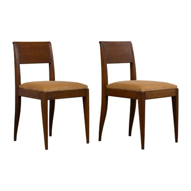 1930s French Art Deco Mahogany Side Chairs W/ Beige Velvet - A Pair 