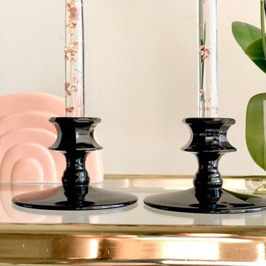 Pair of Vintage Black Amethyst Glass Candleholders: Art Deco LE Smith 