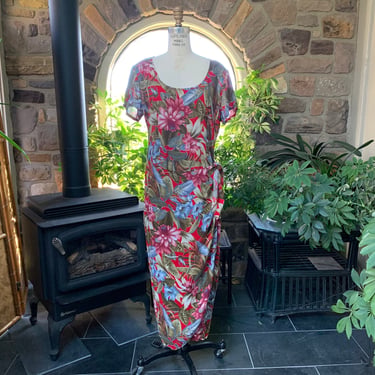 Vintage 1990s Red and Khaki Rayon Floral Sarong Dress NuOz 