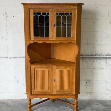 Oak Corner Storage Cabinet with Leaded Glass Doors Open Display Shelf and Turned Legs Vintage 