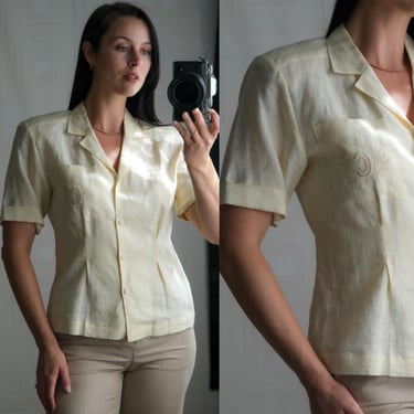Vintage 80s CC COURTENAY Linen Peplum Camp Collar Short Sleeve Power Blouse w/ Monogram Embroidered Pocket | 100% Linen | 1980s Designer Top 