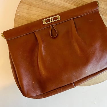 Vintage 90s Tan Genuine Leather Snap Closure Clutch Evening Bag 