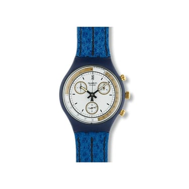 Vintage 1990 Swatch Skipper SCN100 Watch - NEW in Original Box New Old Stock NOS - Swiss Quartz Chronograph Blue Leather Strap 