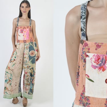 Patchwork Jumpsuit With Pockets, Vintage Grunge Overalls, Romantic Wide Leg Playsuit 
