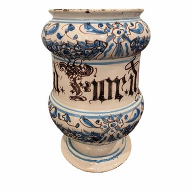 18th Century Italian Pharmacy Jar Apothecary Pot Blue & White Majolica Tin-Glazed Albarello  Antique Ceramic Pottery Drug Vessel 