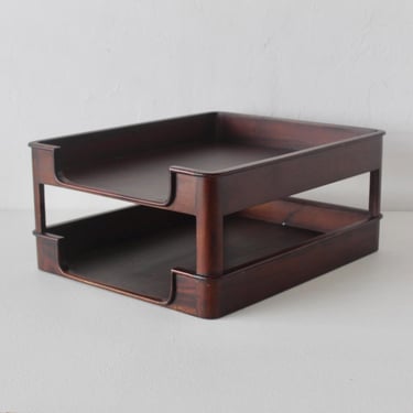 Selamat Designs San Francisco Vintage Mid-Century Modern Dark Wood Desk Organizer Paper Tray 