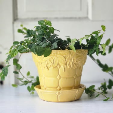 McCoy Pottery yellow quilted planter with attached saucer and roses border 