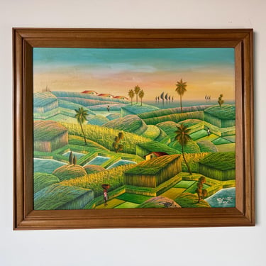 1991 Vintage Haitian Folk Art Landscape Oil Painting by Camille Torchon 