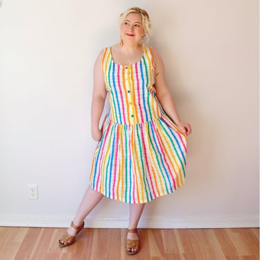 SIZE L Vintage 1980s Rainbow Striped Dress Drop Waist Button Front NWT 