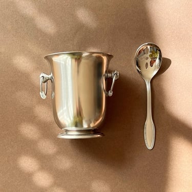 Vintage Jean Couzon Président Ice Bucket & Pierced Spoon Set – Stainless Steel, 1980s France 
