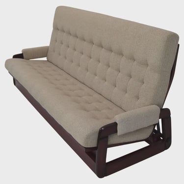 Czechoslovak Midcentury Three Seat Sofa Daybed Convertible Wooden Frame 1980s Vintage 