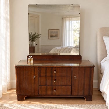 Art Deco Vanity Dresser with Large Mirror, 1930s Dark Wood Veneer, Glass Top, Vintage Dressing Table 123 cm 