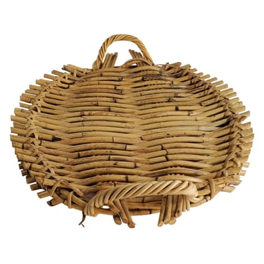 Mid Century Modern Wicker Handle Serving Tray Oval Rustic Country Woven Bamboo 