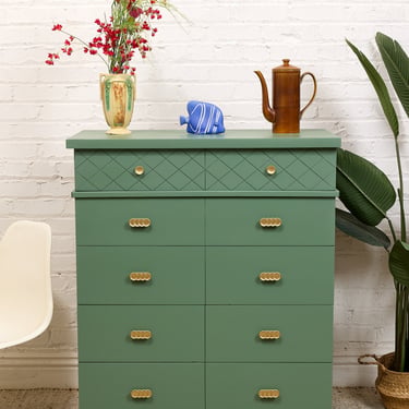 Olive Green Mid-Century Highboy Dresser with Diamond Detail and Sculptural Pulls By Kent Coffey
