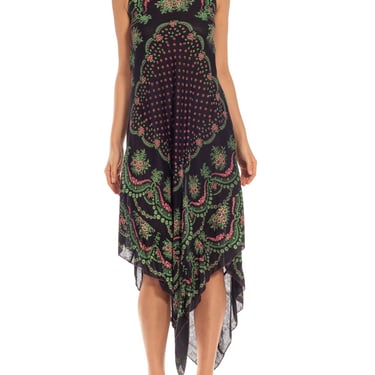 1970S Black, Green  Pink Cotton Trapeze Bias Cut Sun Dress 