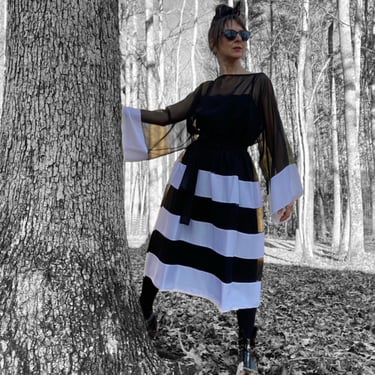 1980s The Gilbert's For Tally Black and White Chiffon and Satin Striped Dress, Medium 