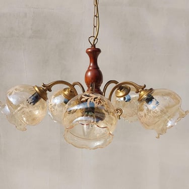 Vintage Brass and Wood Chandelier – 5 Arm Ceiling Light with Amber Etched Glass Tulip Shades, Mid Century Rustic Farmhouse Lighting Fixture 