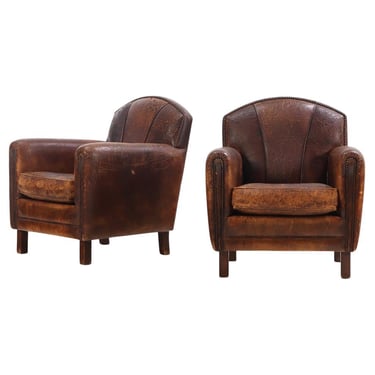 A Pair of Dutch Art Deco style Leather Club Chairs, C 1950.