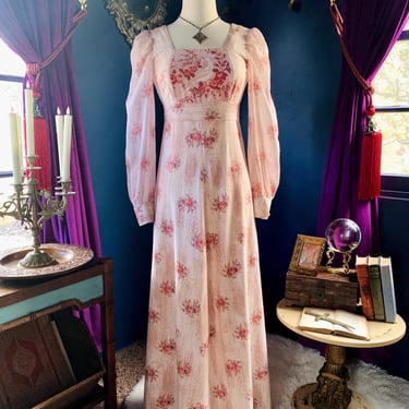 1970s Blush Pink Rose Print Maxi Dress / Vintage Romantic Floral Pastel Dress / Bohemian Goddess / Medieval Style / Women's Size Small 