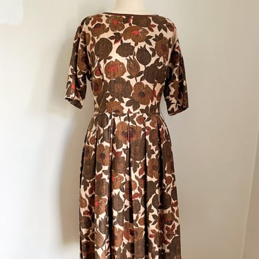 Vintage 1950s Brown Floral Cotton Dress / XS 