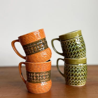vintage ceramic coffee cups made in  Japan - 1960s avocado green and orange textured mugs 