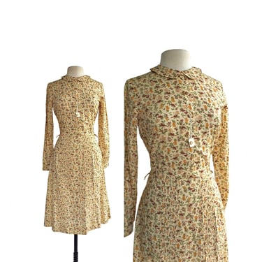 Vintage 70s country garden print cottagecore cotton shirtdress| 40s style New Old Stock| Vanilla Pastel Bird Corn Cobs Thistle Print 