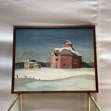 1960s Oil Painting Nancy Zeiman 1967 Winter Scene House Barn Church Town Hall Vintage Mid-Century Abercrombie, Dale Nichols Style 
