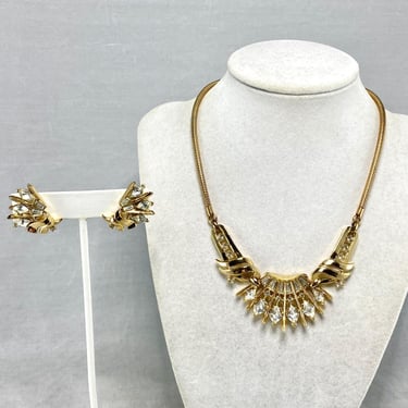 Vintage Trifari Gold Tone Rhinestone Necklace & Clip On Earrings Jewelry Set 