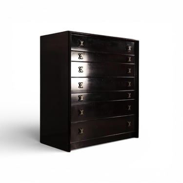 Paul Frankl for Johnson Furniture Black Lacquer Vintage Mid Century Modern Highboy Dresser c. 1960s 