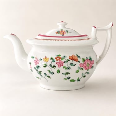 Antique New Hall Porcelain Teapot, Pattern 594, Georgian English Floral, As-Is Display 