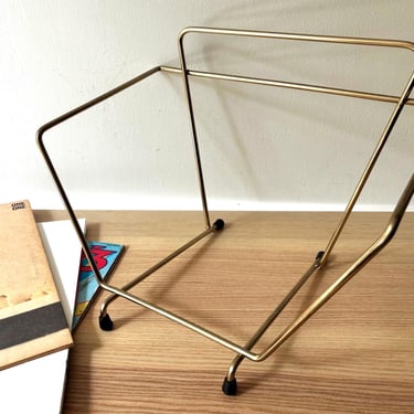 Vintage Minimalist Midcentury Modern Gold Tone Metal Vinyl Record Holder | Atomic Office Table Book Magazine Album Storage Rack Organizer 