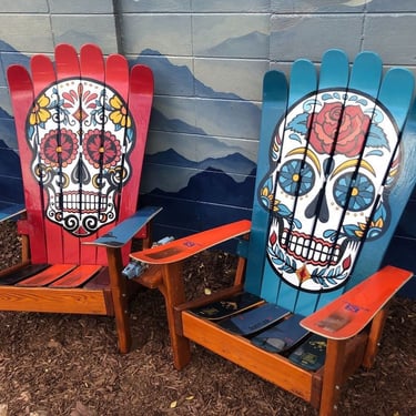 Set of 2 Hand-Painted Sugar Skull Adirondack Ski Chairs 