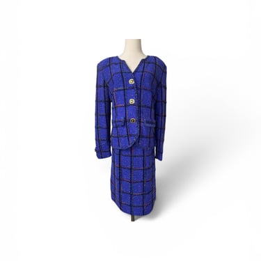 1980s Steve Fabrikant Purple Windowpane Skirt Suit 