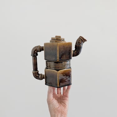 Rare Vintage 1979 Jackson Boone Signed Studio Pottery Ceramic Teapot Coffee Pot Plumbers Nightmare Prototype Brown Pipes 