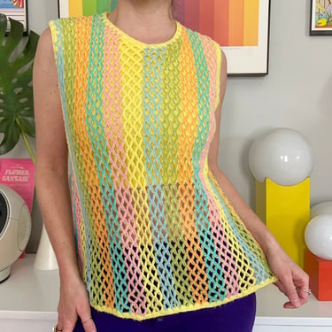 1960s crop top with candy striped mesh knit overlay // Med // mod 60s colorful rainbow sleeveless top Jack Winter Jr Spring Summer tank 