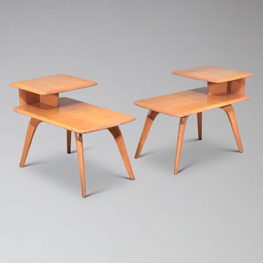 Vintage Heywood Wakefield M 308 G Maple Step End Tables Pair | Champage Finish Wishbone Legs | Mid Century Modern MCM 