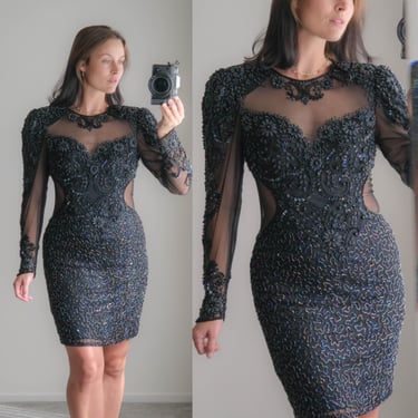 Vintage 80s LILLIE RUBIN Black Embellished Beaded & Sequined Cocktail Backless Dress w/ Mesh Side Cutouts | Made in USA | 1980s Designer 