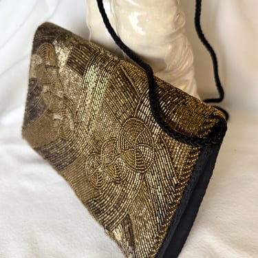 Glam Beaded Clutch, All Over Geometric Design, Gold Bronze Colors, Crossbody, Cocktail Purse, Vintage 70s 80s 